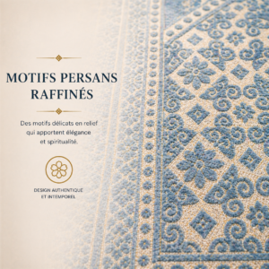Zoom sur les broderies du tapis de prière Luxe Persan bleu Ciel Sajadah.