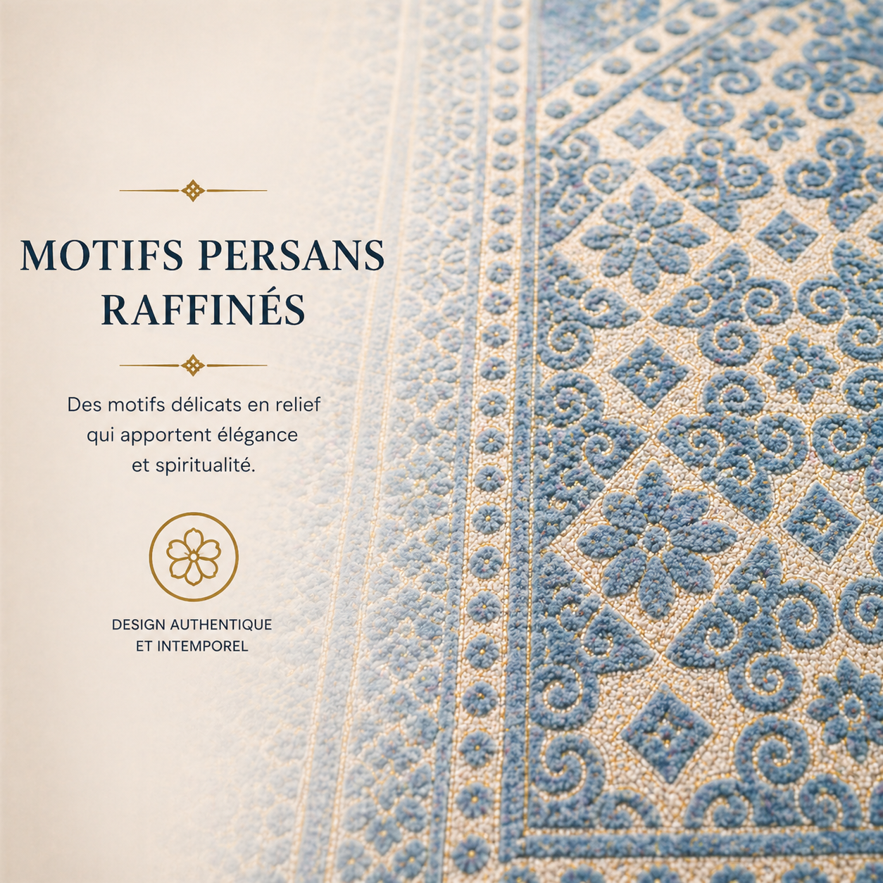 Zoom sur les broderies du tapis de prière Luxe Persan bleu Ciel Sajadah.