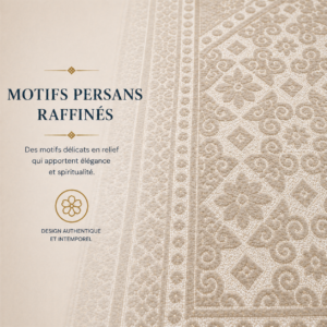 Zoom sur les broderies du tapis de prière Luxe Persan beige Sajadah.