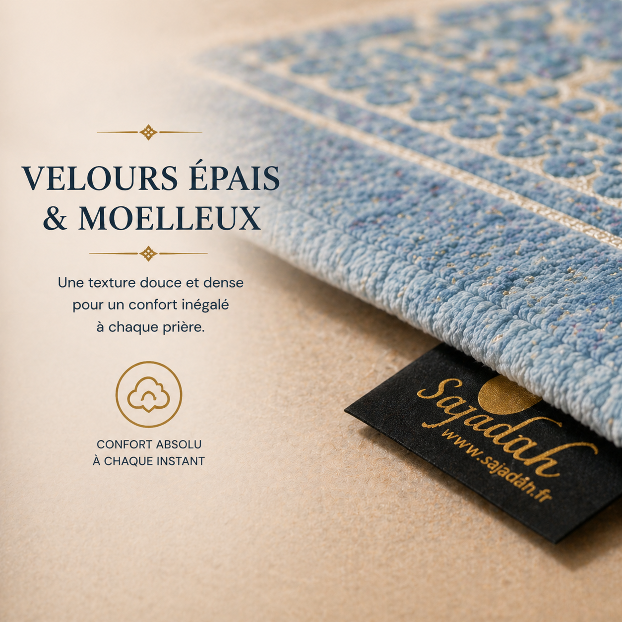 Zoom sur l'épaisseur du tapis de prière Persan bleu Ciel Sajadah.
