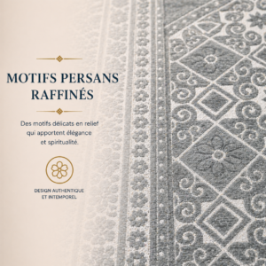 Zoom sur les broderies du tapis de prière Luxe Persan gris Sajadah.