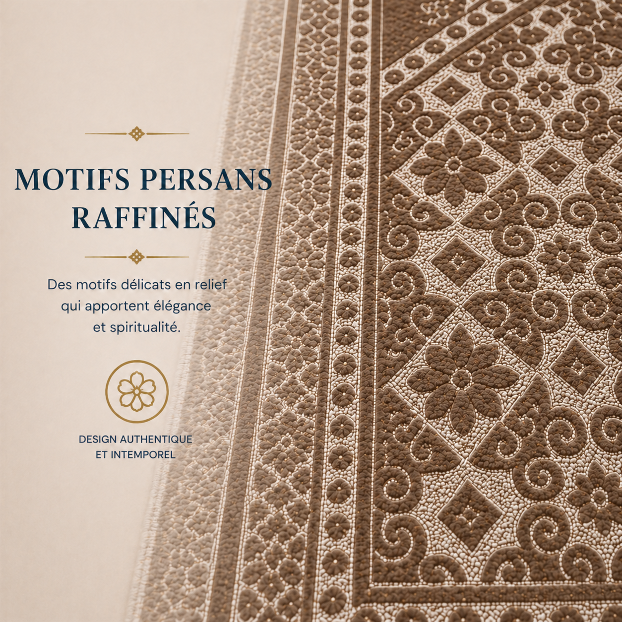 Zoom sur les broderies du tapis de prière Luxe Persan marron Sajadah.