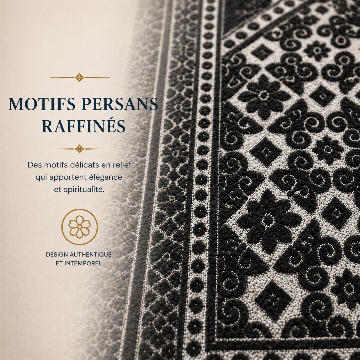 Zoom sur les broderies du tapis de prière Luxe Persan noir Sajadah.