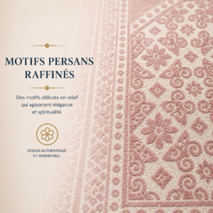 Zoom sur les broderies du tapis de prière Luxe Persan rose Sajadah.