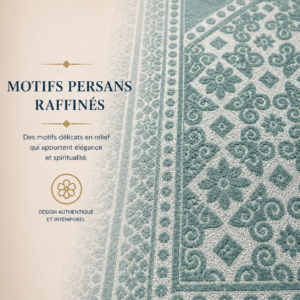 Zoom sur les broderies du tapis de prière Luxe Persan vert Sajadah.