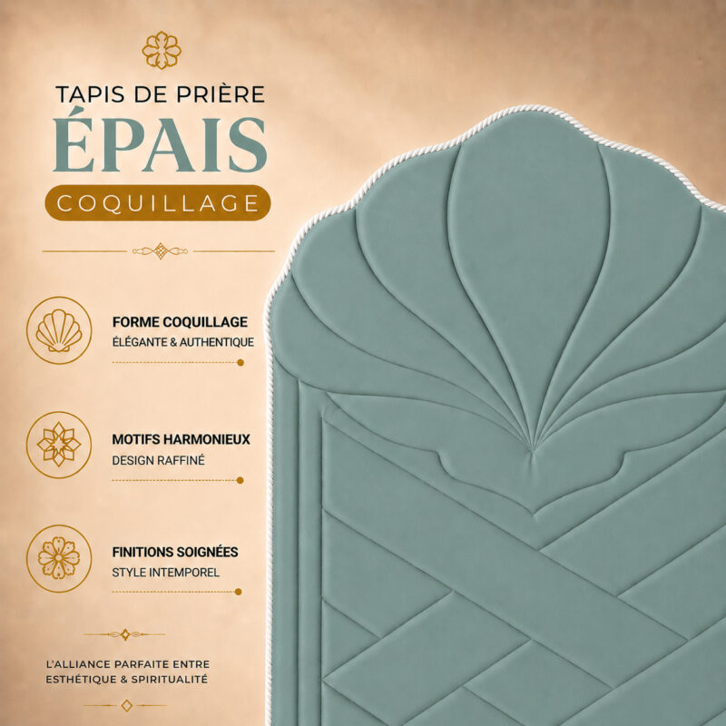 Zoom sur le design de la collection de tapis de prière épais Sajadah en forme de coquillage.