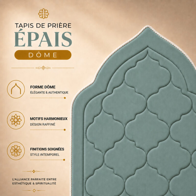 Zoom sur le design de la collection de tapis de prière épais Sajadah en forme de dôme.