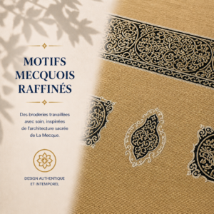 Zoom sur les broderies du tapis de prière Luxe Mecquois jaune Miel Sajadah.