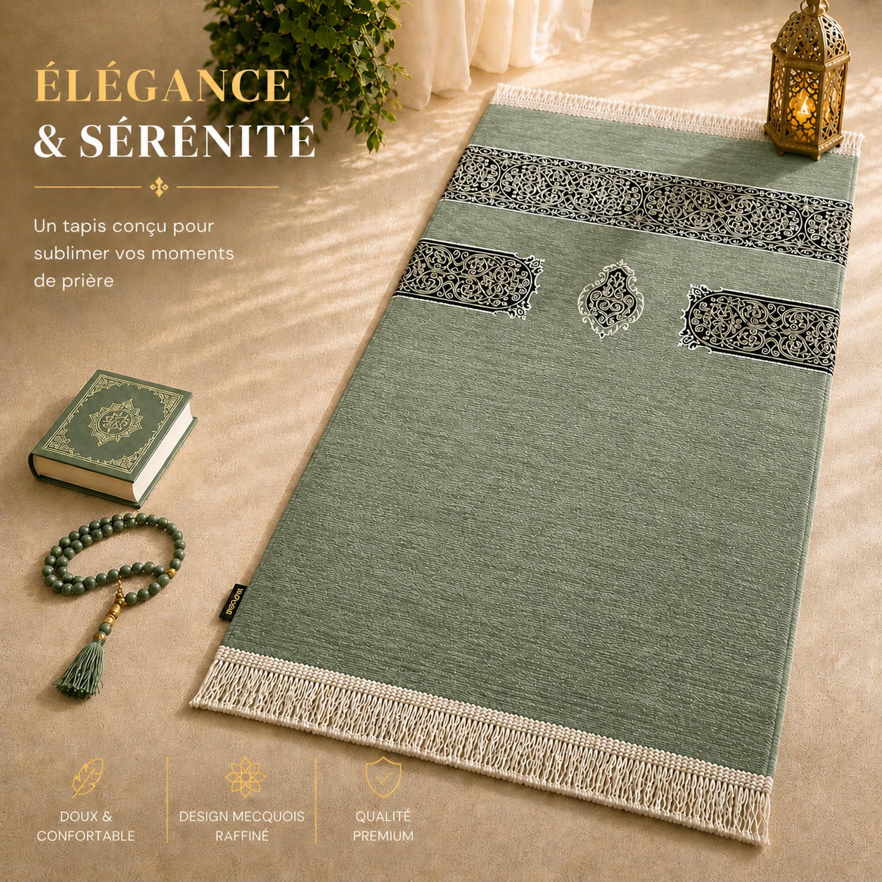 Le tapis de prière Luxe Mecquois vert Amande Sajadah.
