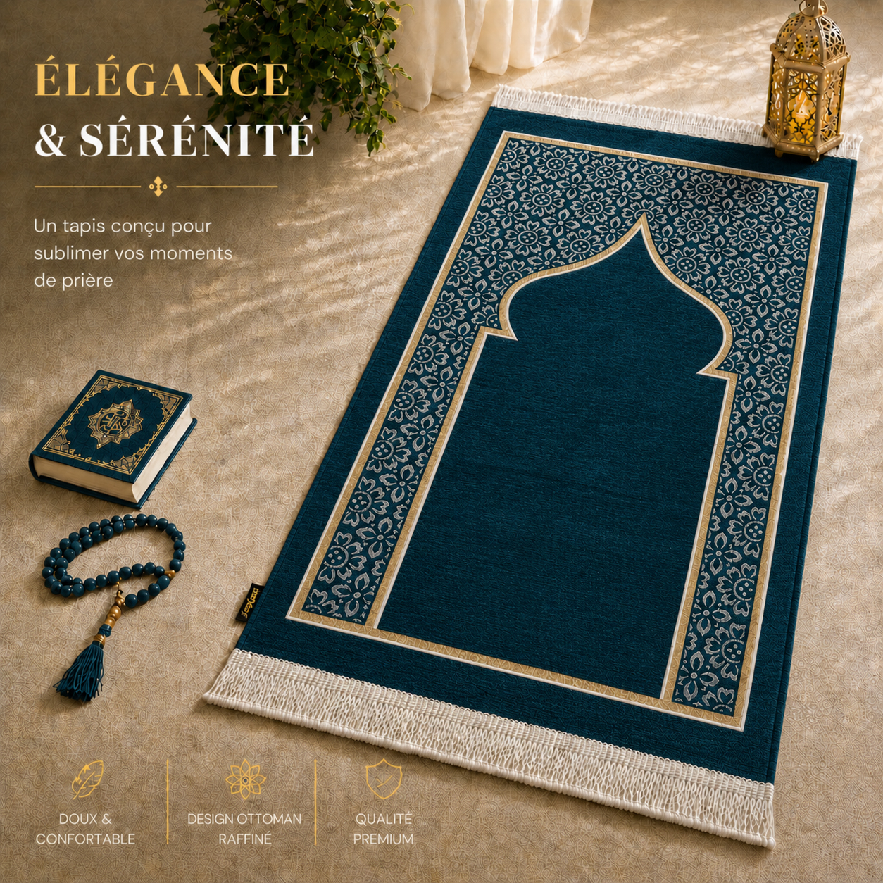 Le tapis de prière Luxe Ottoman Bleu Azur Sajadah.