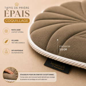 Zoom sur la qualité premium du velours du tapis de prière épais beige Chatain Sajadah en forme de coquillage.