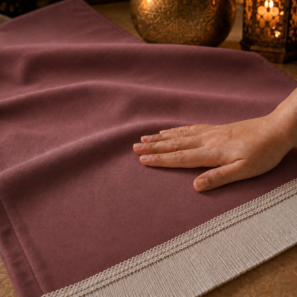 Zoom sur la qualité du velours premium du tapis de prière personnalisé rose Chair Sajadah.