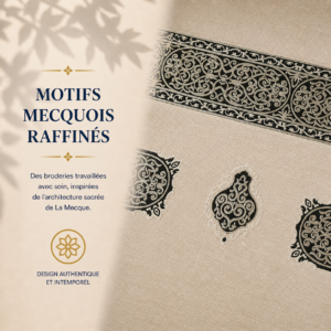 Zoom sur les broderies du tapis de prière Luxe Mecquois beige Sajadah.