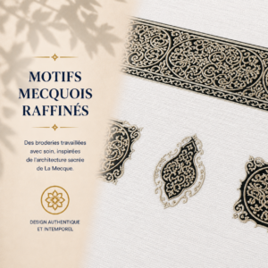 Zoom sur les broderies du tapis de prière Luxe Mecquois blanc Sajadah.