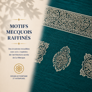 Zoom sur les broderies du tapis de prière Luxe Mecquois bleu Turquoise Sajadah.