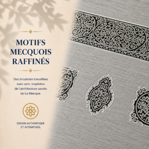 Zoom sur les broderies du tapis de prière Luxe Mecquois gris Argent Sajadah.