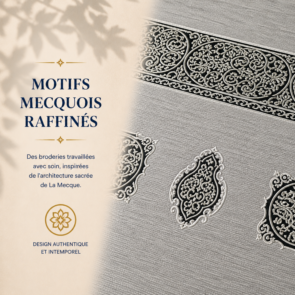 Zoom sur les broderies du tapis de prière Luxe Mecquois gris Argent Sajadah.