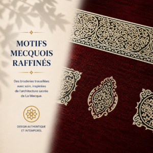Zoom sur les broderies du tapis de prière Luxe Mecquois rouge Sajadah.
