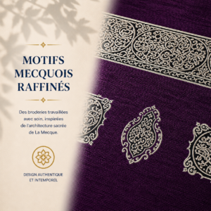 Zoom sur les broderies du tapis de prière Luxe Mecquois violet Sajadah.