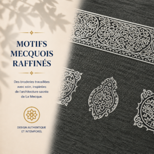 Zoom sur les broderies du tapis de prière Luxe Mecquois gris Ardoise Sajadah.