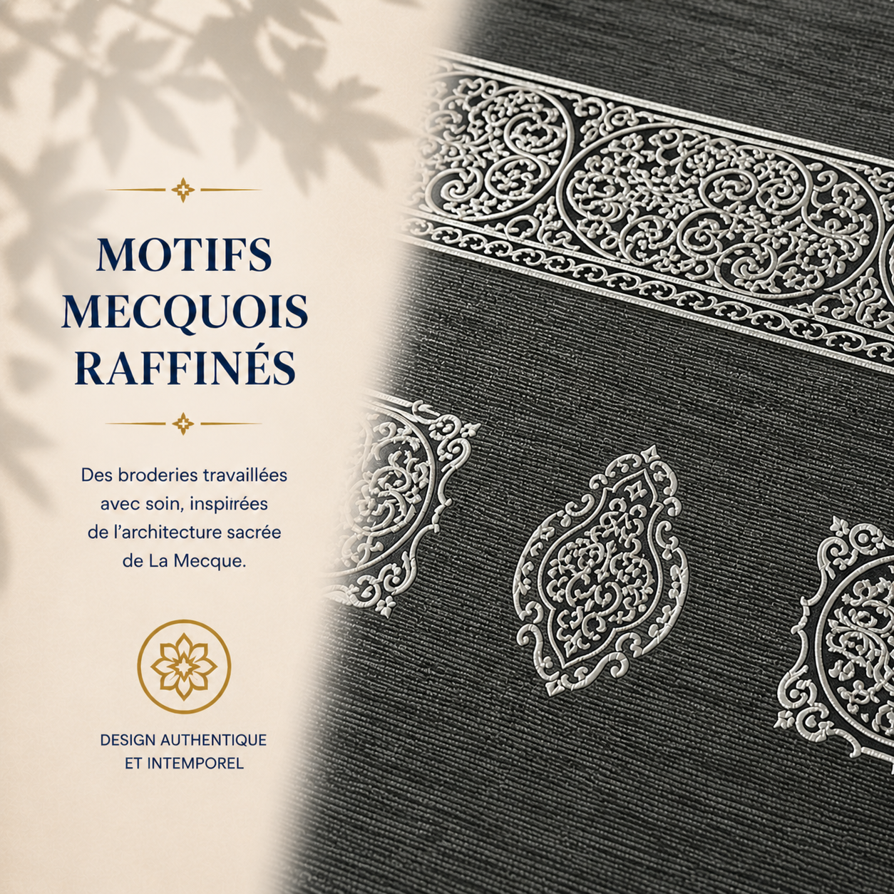 Zoom sur les broderies du tapis de prière Luxe Mecquois gris Ardoise Sajadah.