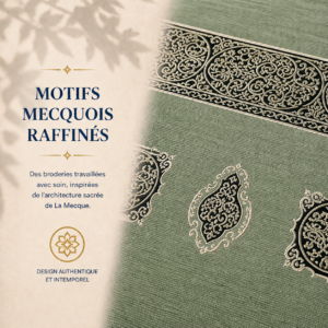 Zoom sur les broderies du tapis de prière Luxe Mecquois vert Amande Sajadah.