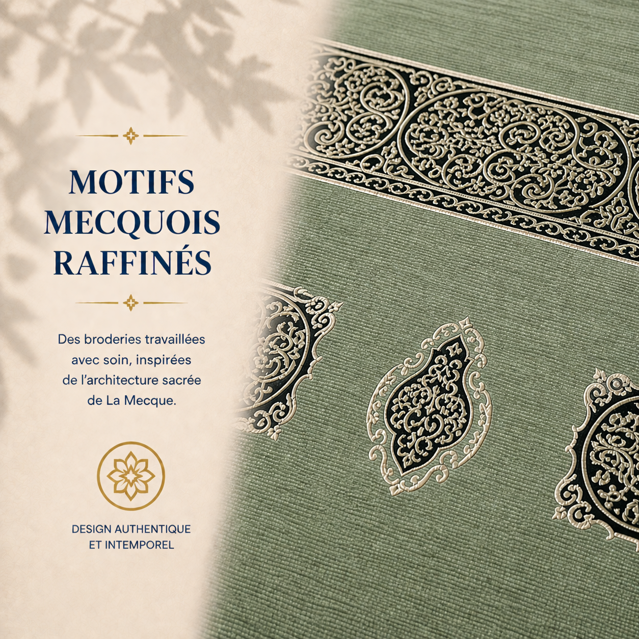 Zoom sur les broderies du tapis de prière Luxe Mecquois vert Amande Sajadah.
