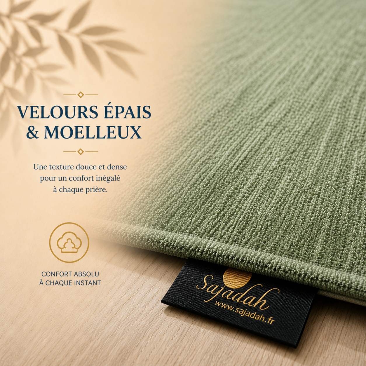 Zoom sur l'épaisseur du tapis de prière Luxe Mecquois vert Amande Sajadah.