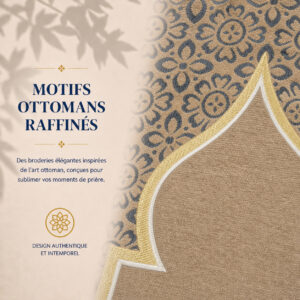 Zoom sur les broderies du tapis de prière Luxe Ottoman beige Sajadah.