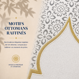 Zoom sur les broderies du tapis de prière Luxe Ottoman blanc Sajadah.