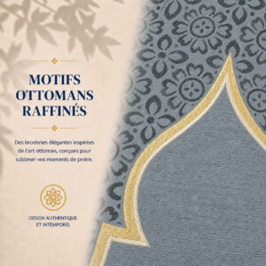 Zoom sur les broderies du tapis de prière Luxe Ottoman gris Bleu Sajadah.
