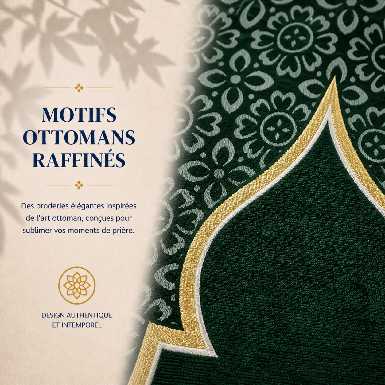 Zoom sur les broderies du tapis de prière Luxe Ottoman vert Sajadah.