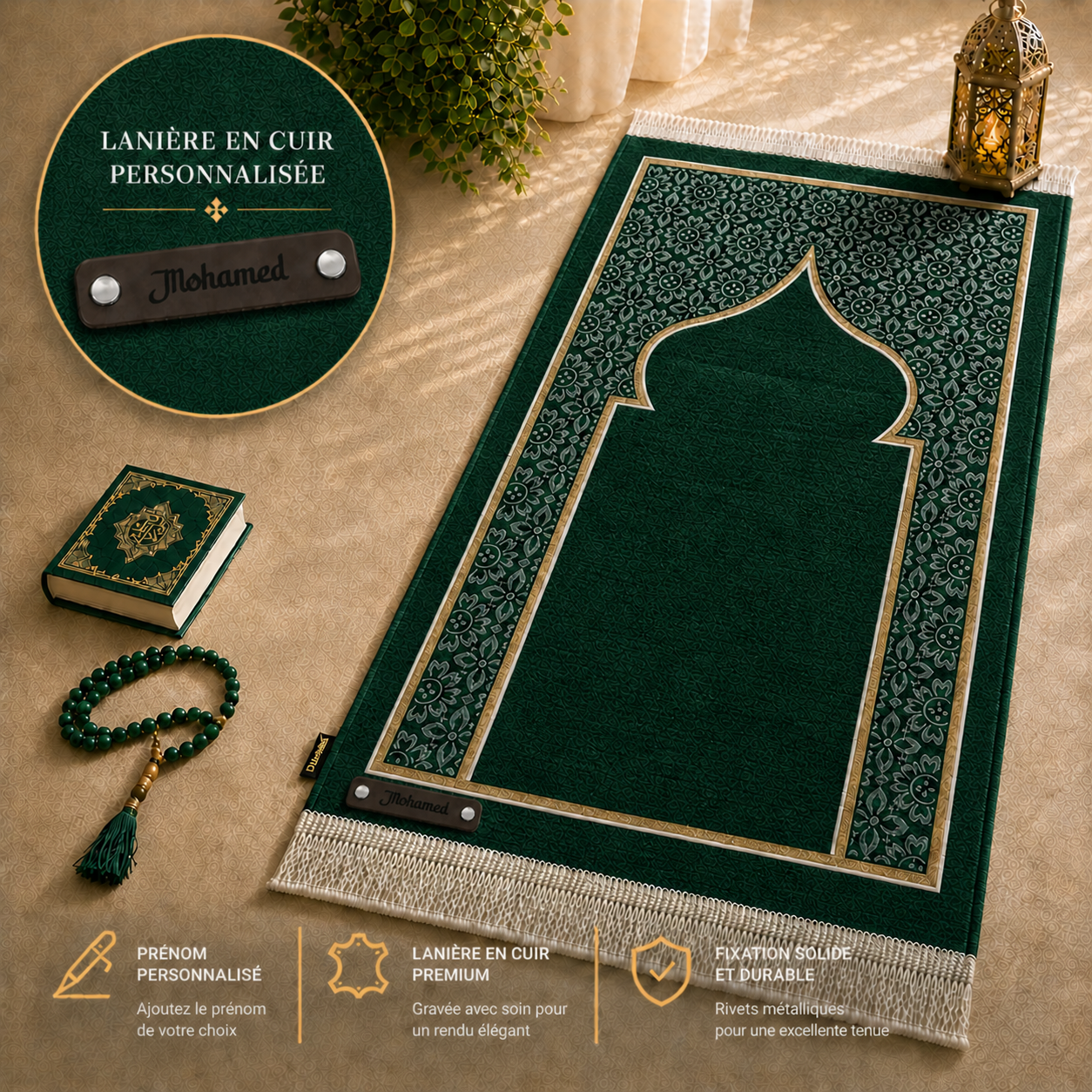 Le tapis de prière Luxe Ottoman vert Sajadah avec sa personnalisation en cuir véritable couleur chocolat