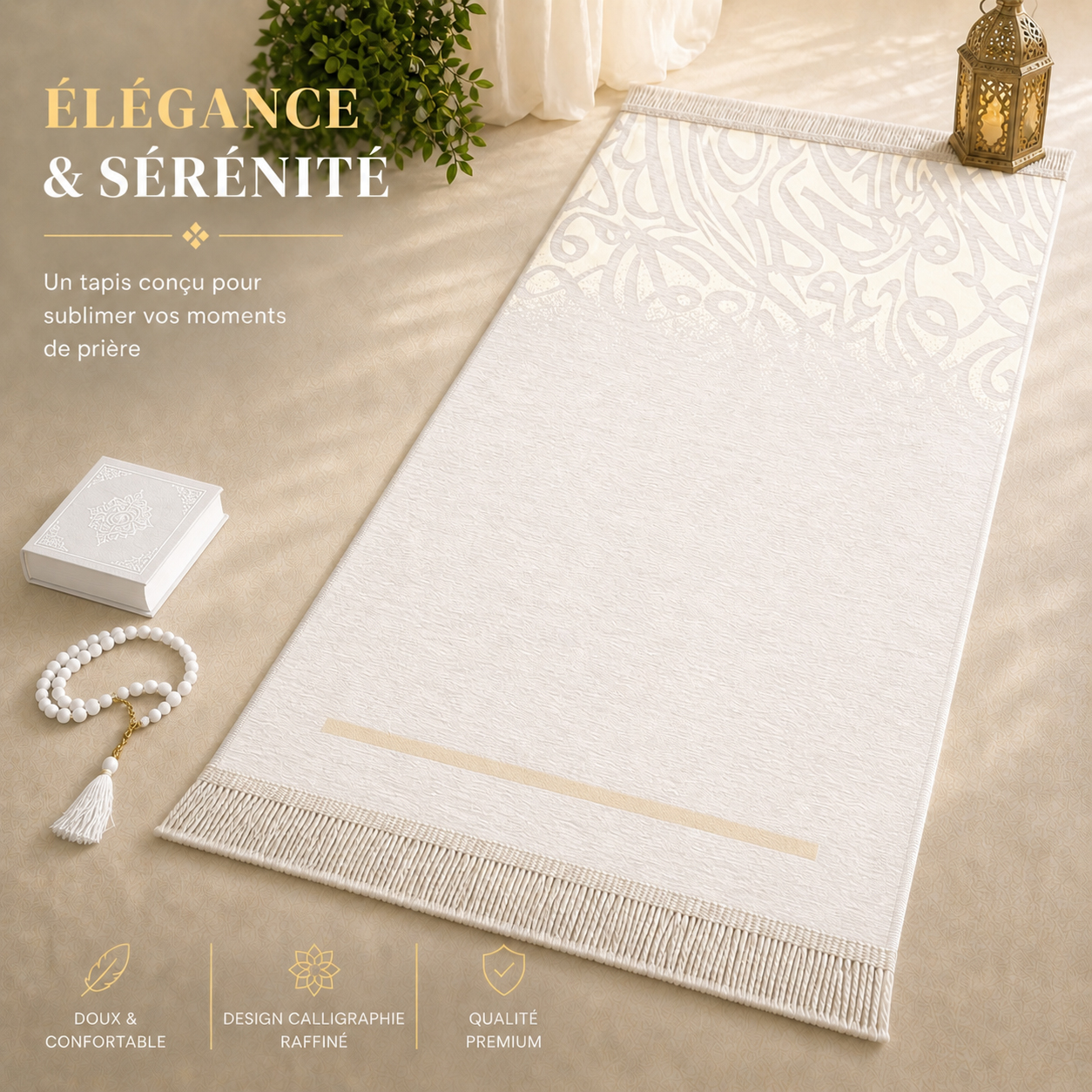 Le tapis de prière Luxe Calligraphie blanc et or Sajadah.