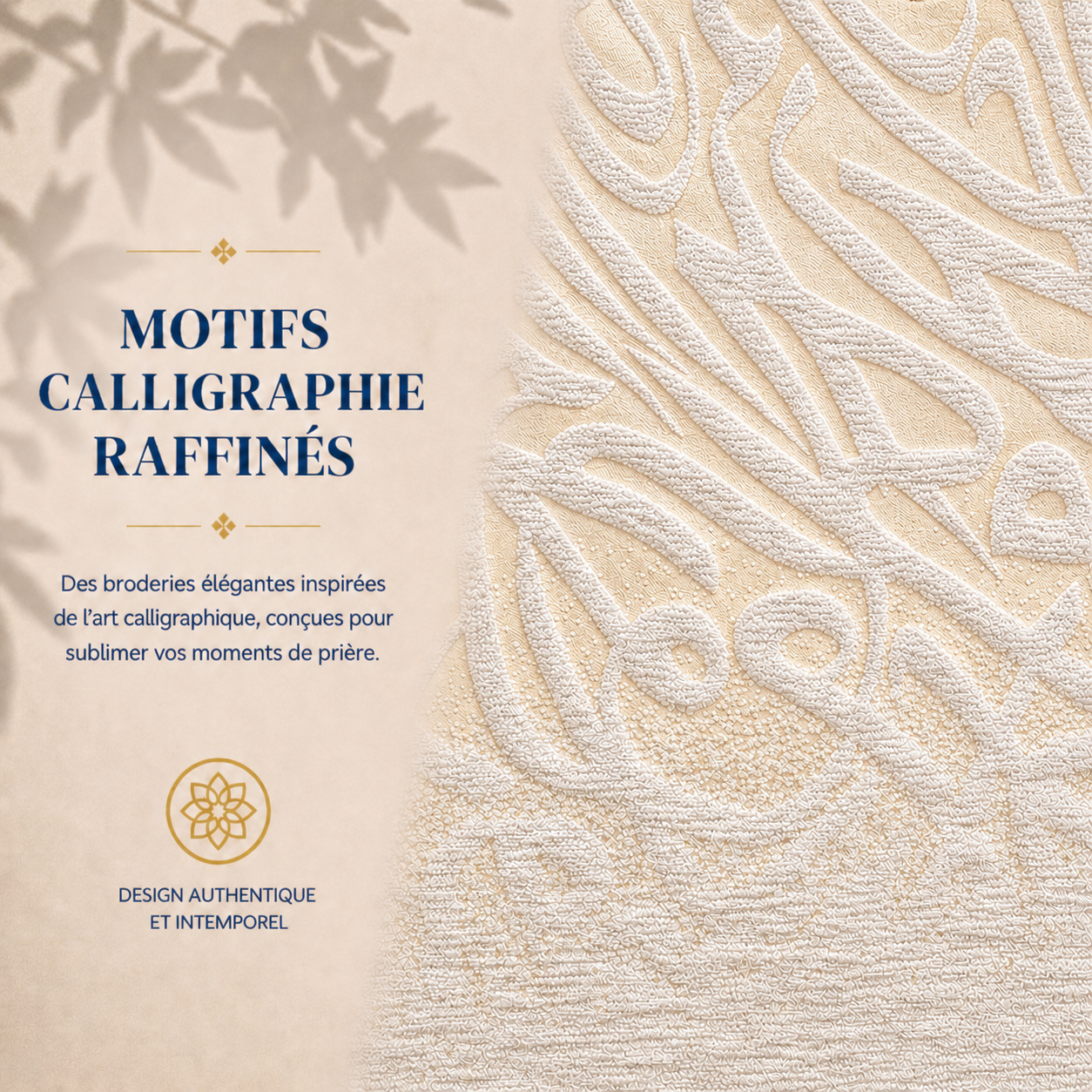 Zoom sur les broderies du tapis de prière Luxe Calligraphie blanc Sajadah.