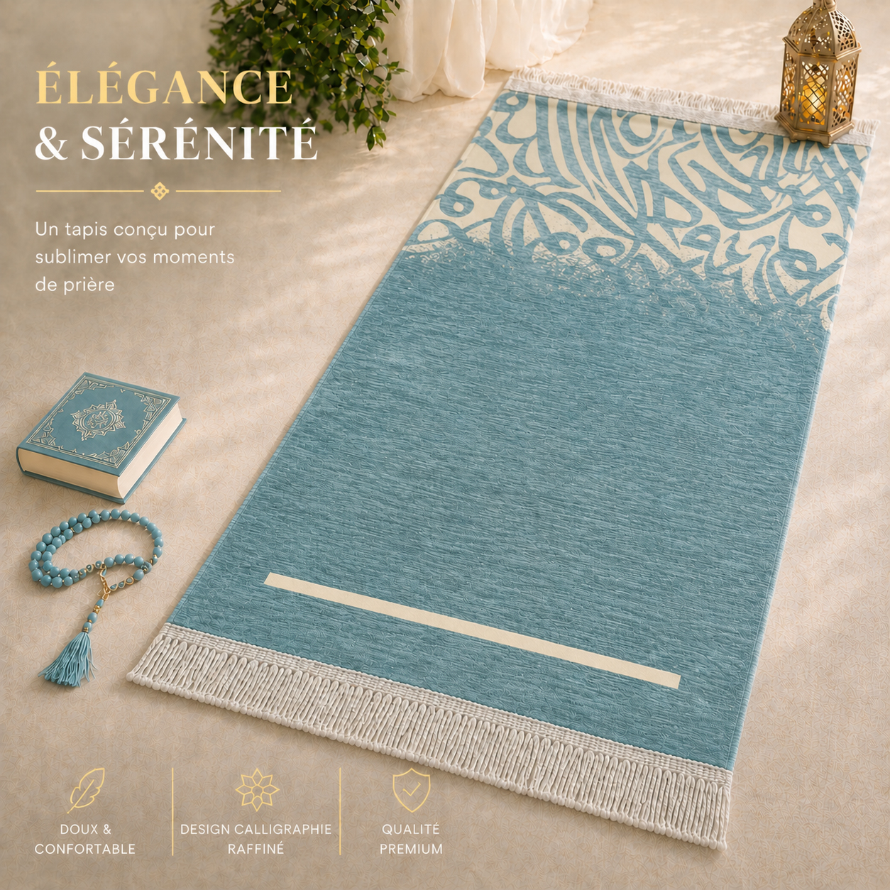 Le tapis de prière Luxe Calligraphie bleu Vert Sajadah.