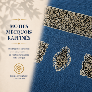 Zoom sur les broderies du tapis de prière Mecquois bleu Sajadah.