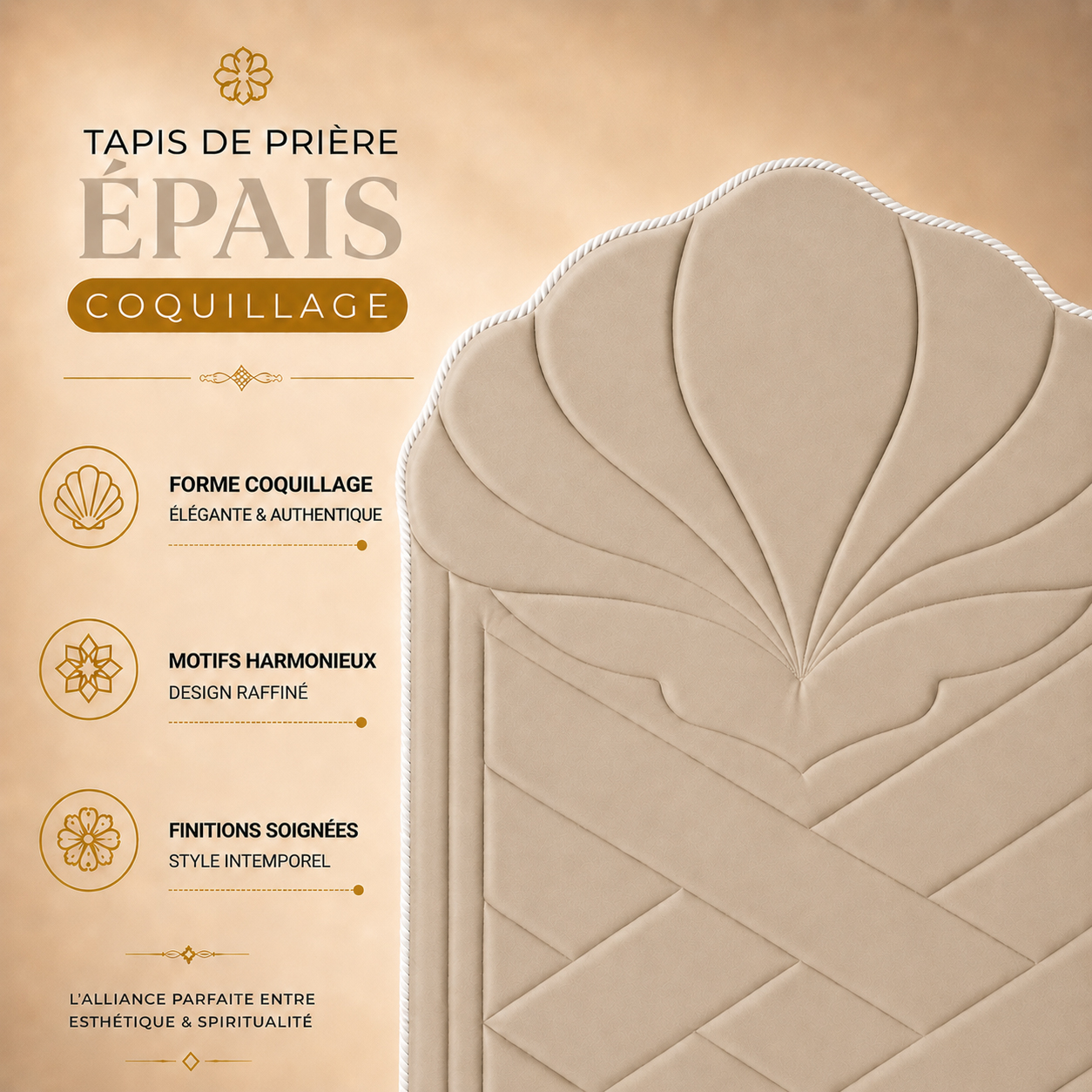 Zoom sur le design du tapis de prière épais beige Crème Sajadah en forme de coquillage.