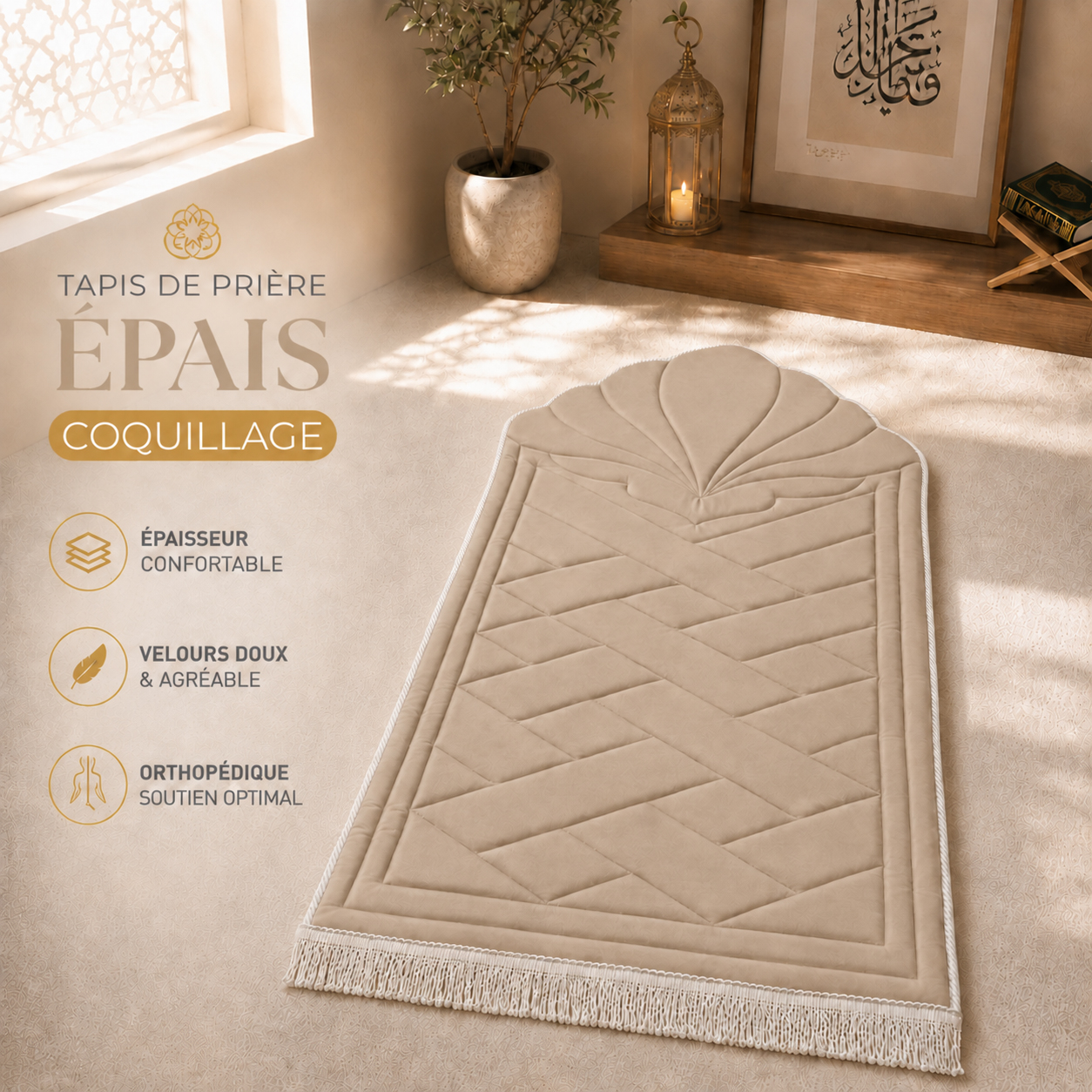Le tapis de prière épais beige Crème Sajadah en forme de coquillage.