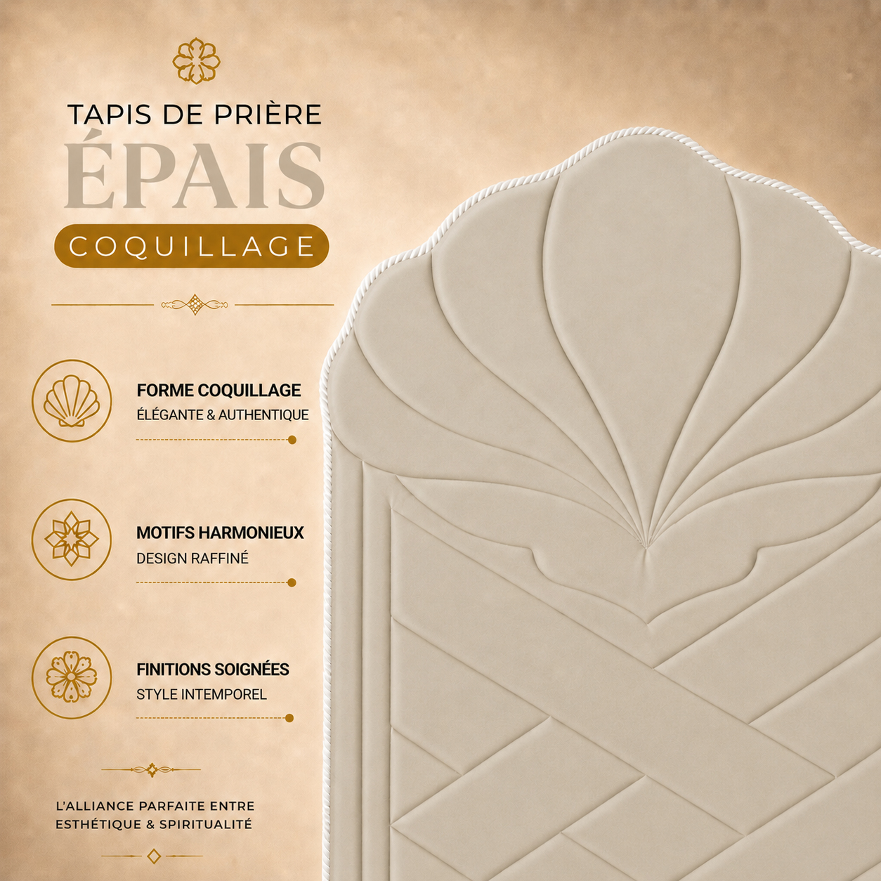 Zoom sur le design du tapis de prière épais blanc Ivoire Sajadah en forme de coquillage.