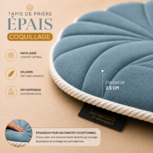 Zoom sur la qualité du velours premium turc du tapis de prière épais Coquillage bleu Ciel Sajadah.