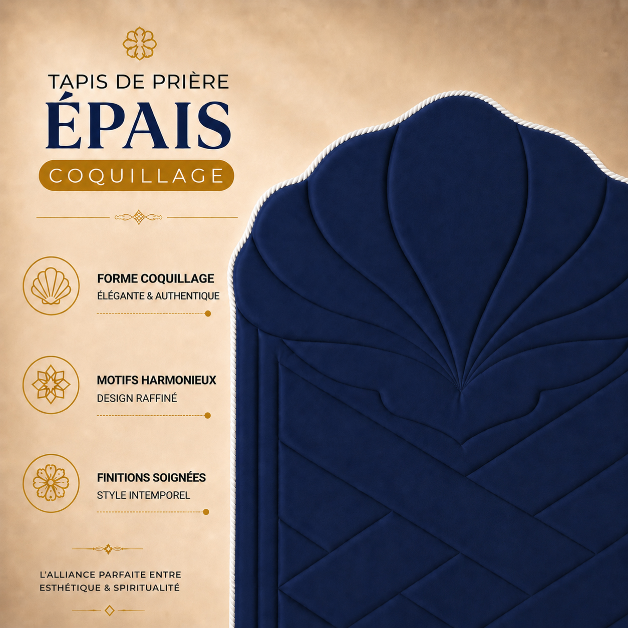 Zoom sur le design matelassé du tapis de prière épais Coquillage bleu Nuit Sajadah.