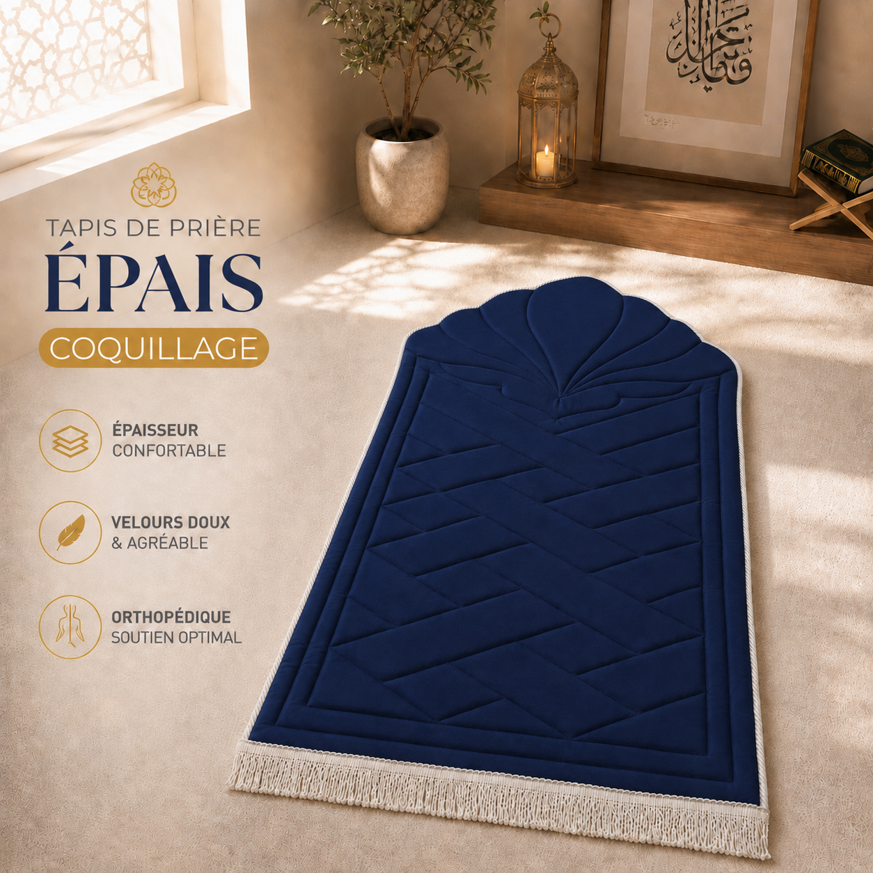 Le tapis de prière épais Coquillage bleu Nuit Sajadah.
