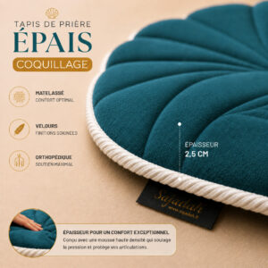 Zoom sur la qualité du velours premium turc du tapis de prière épais Coquillage bleu Turquoise Sajadah.
