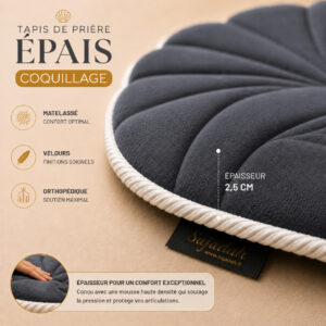 Zoom sur la qualité du velours premium turc du tapis de prière épais Coquillage gris Ardoise Sajadah.
