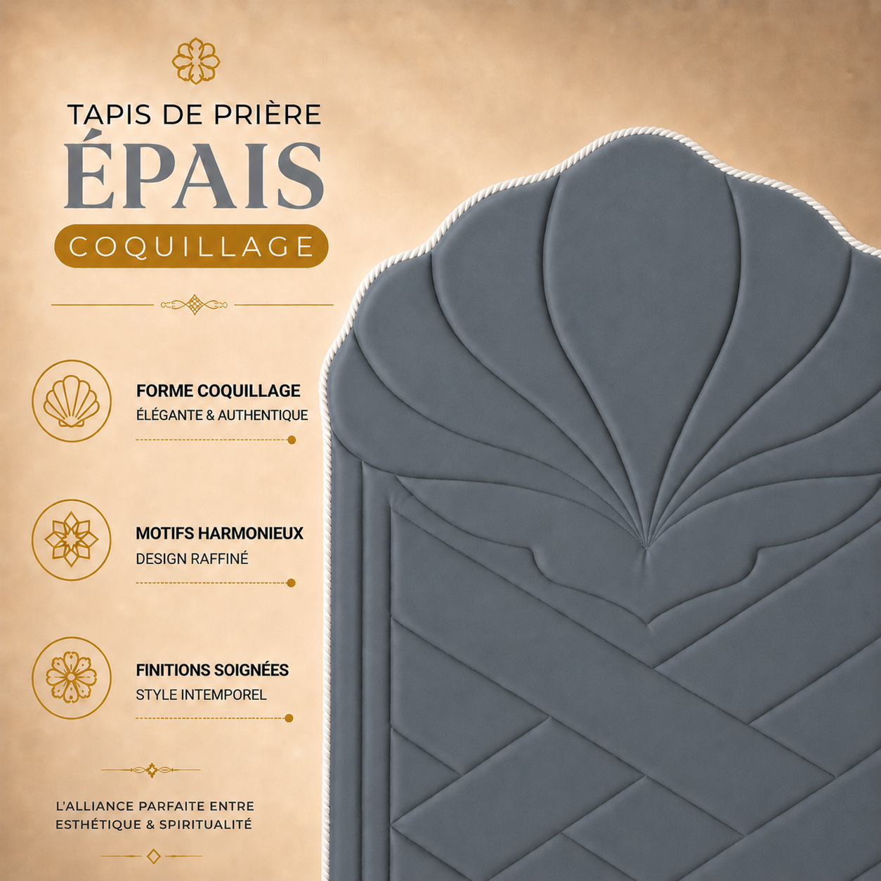 Zoom sur le design matelassé du tapis de prière épais Coquillage gris Plomb Sajadah.