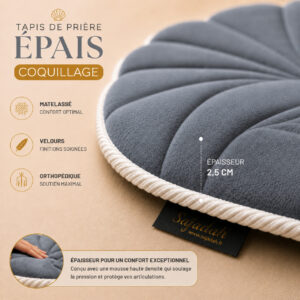 Zoom sur la qualité du velours premium turc du tapis de prière épais Coquillage gris Plomb Sajadah.