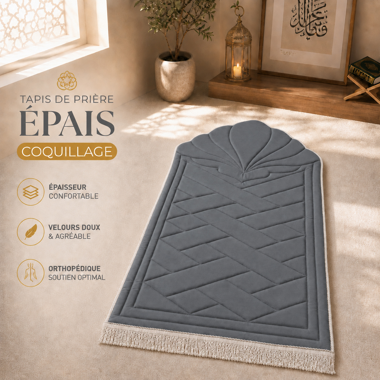 Le tapis de prière épais Coquillage gris Plomb Sajadah.