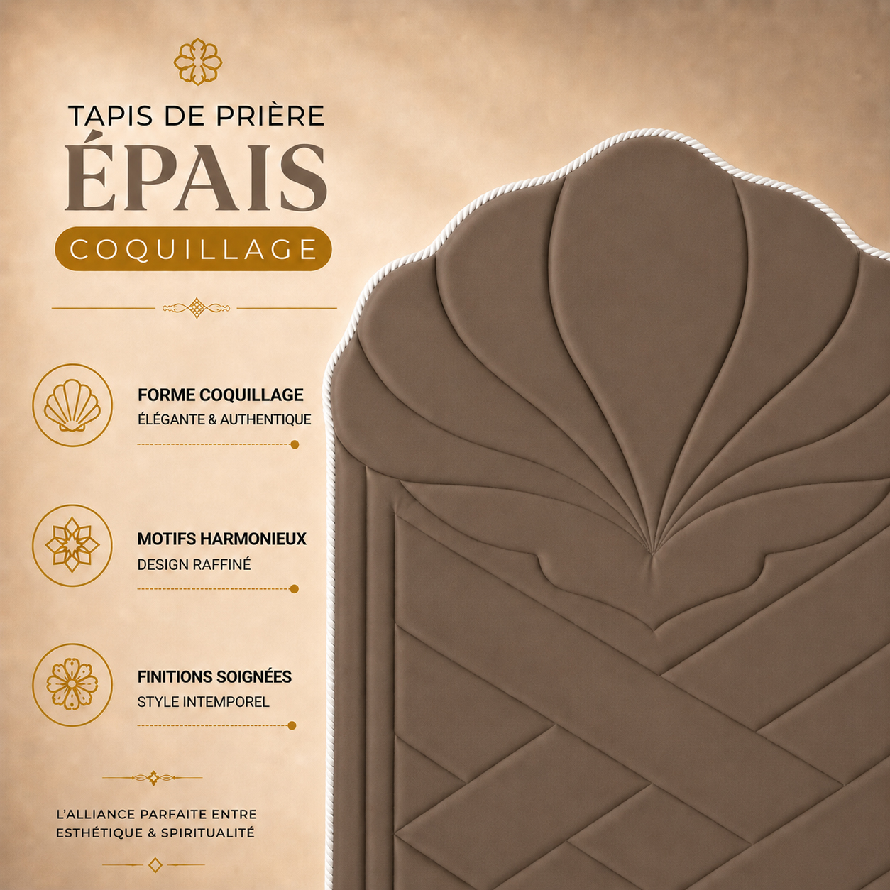 Zoom sur le design matelassé du tapis de prière épais Coquillage marron Sajadah.