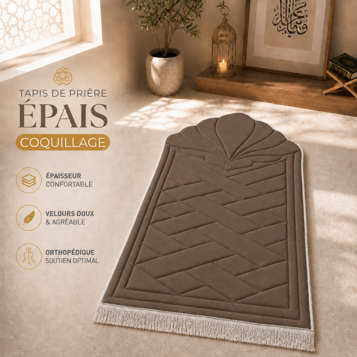 Le tapis de prière épais en forme de coquillage marron Sajadah.